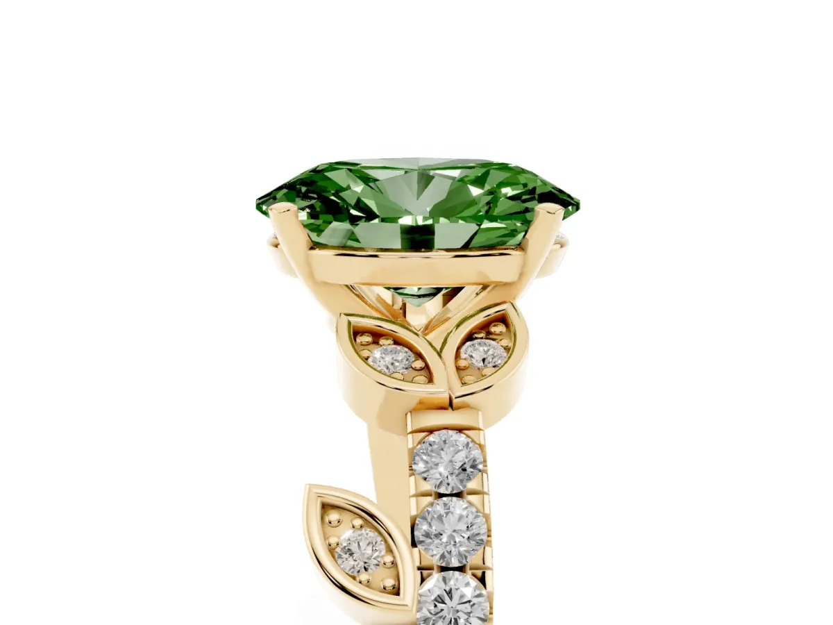 Fancy Green Oval Cut Solitaire Leaf-Inspired Diamond Ring with Pavé Band and Four-Prong Setting Yellow gold