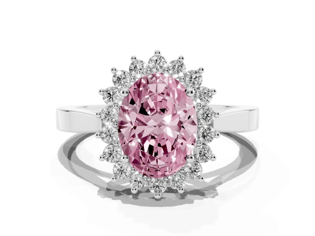 Fancy Pink Oval Cut Cut Diamond Halo Ring with Round Brilliant Halo and Solitaire Band White gold