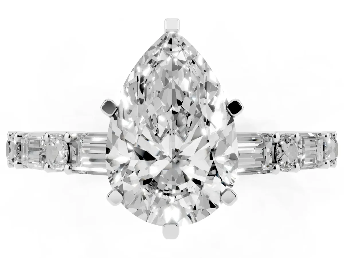 Pear Cut Diamond Solitaire with Side Baguettes and Channel Set Band Platinum
