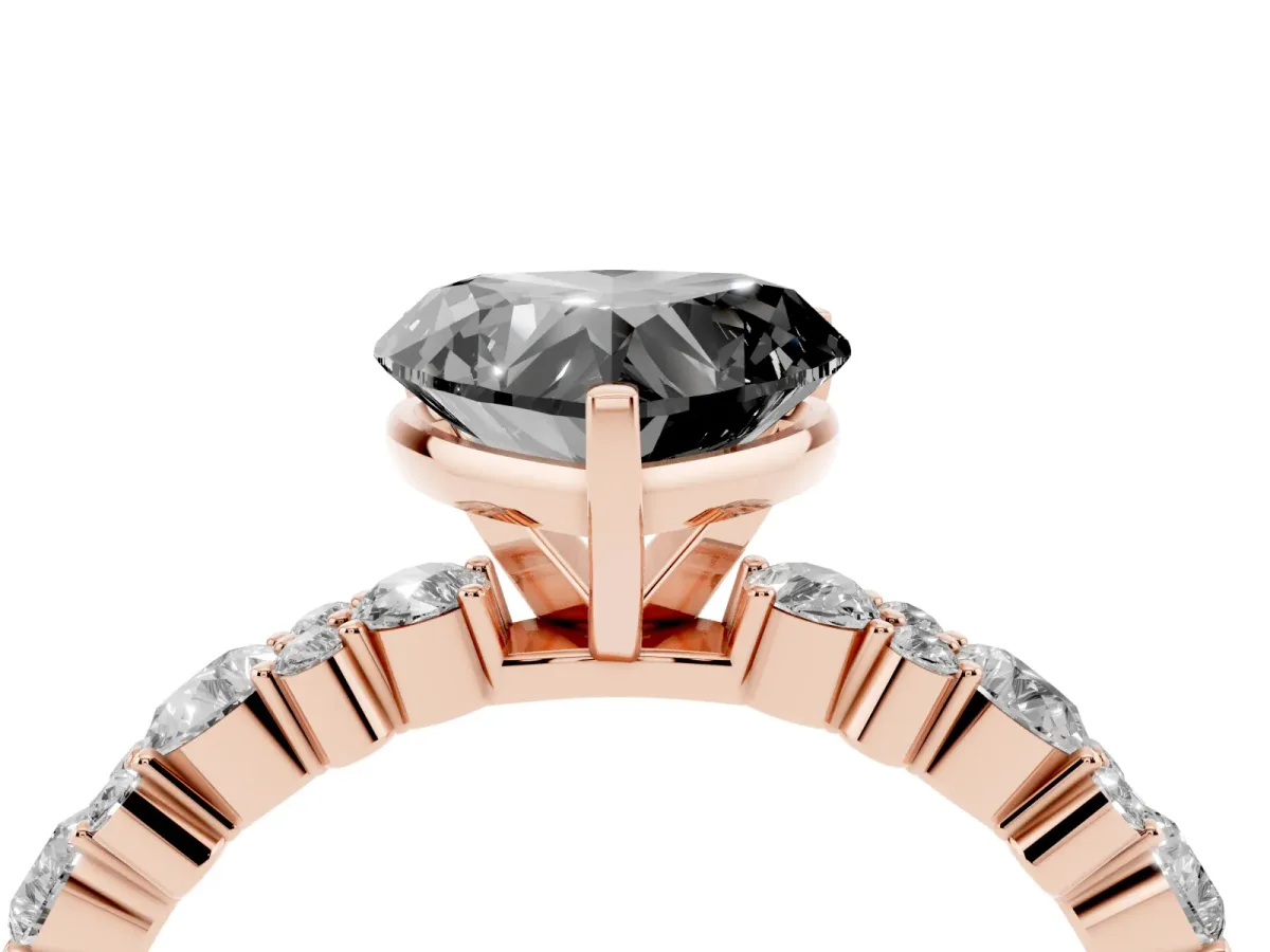 Fancy Black Heart Cut Diamond Side Stone Solitaire Ring with Round and Four-Prong Setting Rose gold