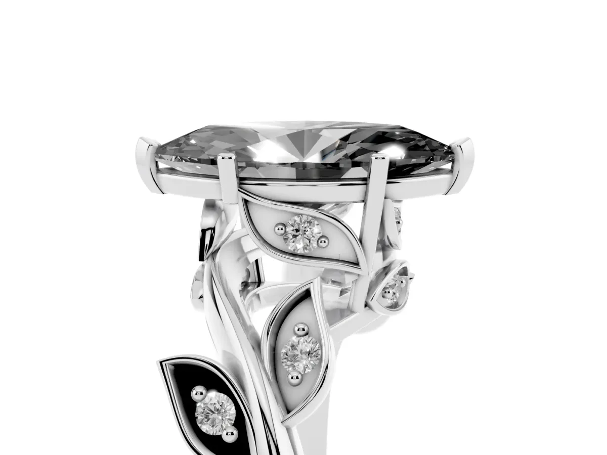 Fancy Black Marquise Cut Solitaire Twist Engagement Ring with Leaf Accents and Prong Setting Platinum