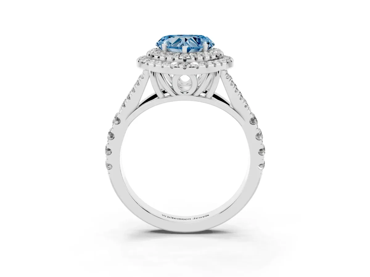 Fancy Blue Double Halo Heart Cut Diamond Split Shank Engagement Ring with Four-Prong Setting Silver