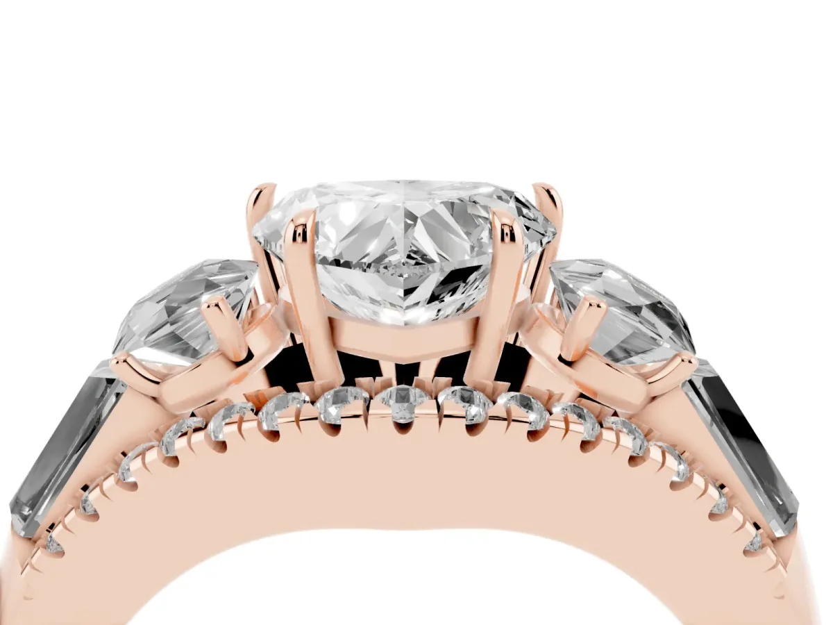 Three-Stone Heart Cut Diamond Engagement Ring with Pave Band and Prong Setting Rose gold
