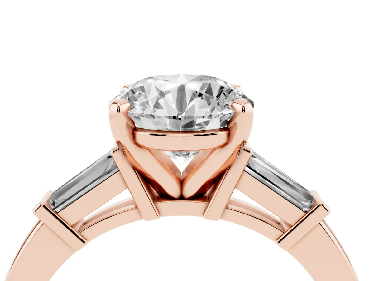 Round Cut Cut Diamond Solitaire Ring with Tapered Baguette Accents and Four-Prong Setting Rose gold