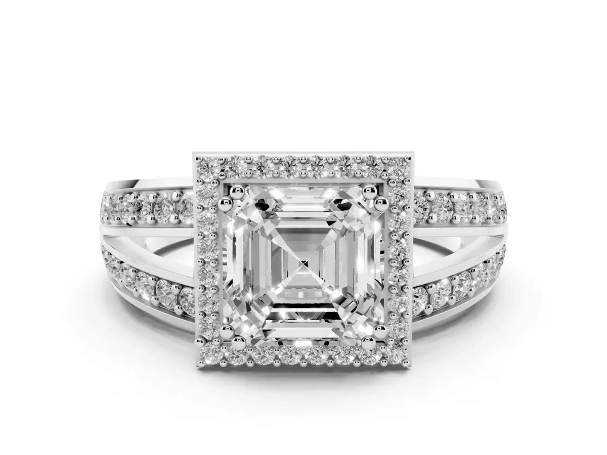 Asscher Cut Diamond Halo Ring with Split Shank Pavé Band and Four-Prong Setting White gold