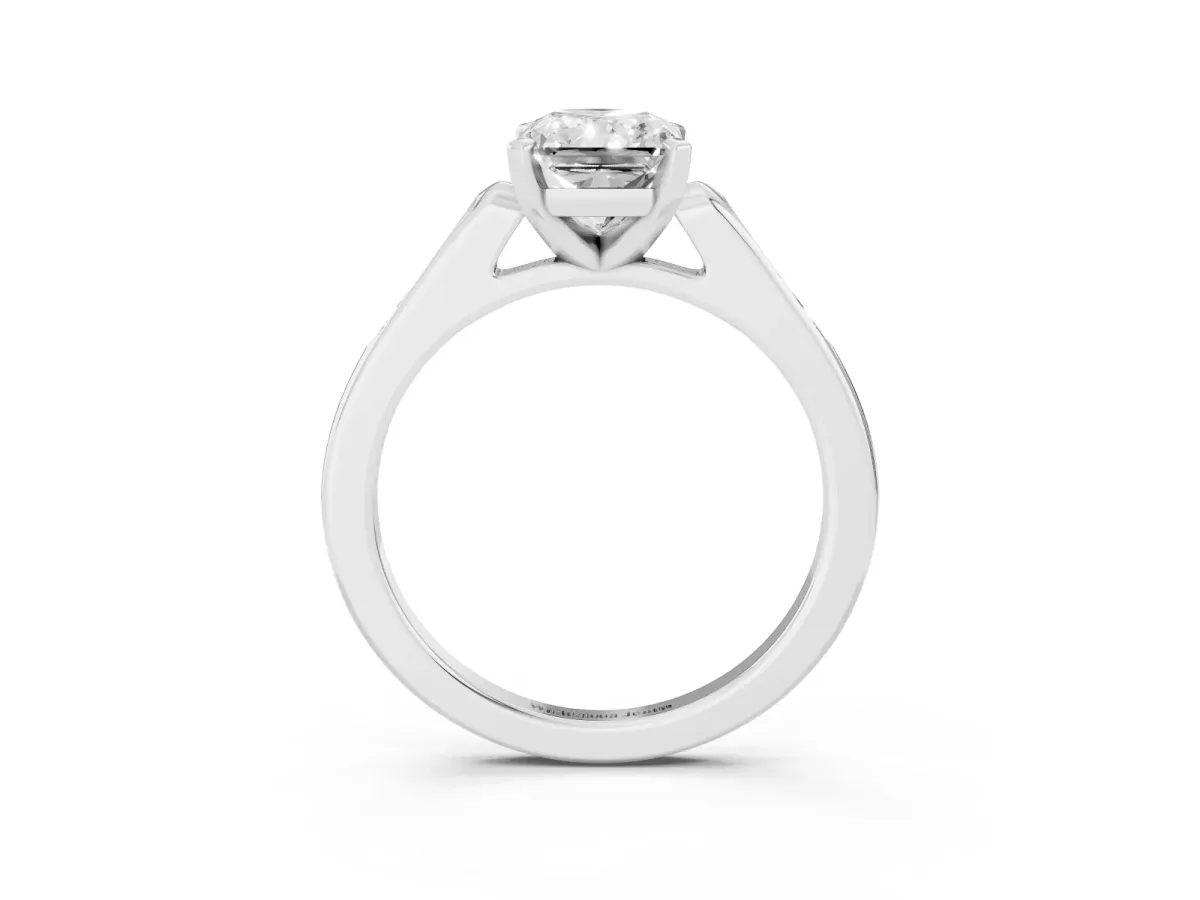 Radiant Cut Diamond Solitaire Ring with Channel Set Round Band and Prong Setting Silver