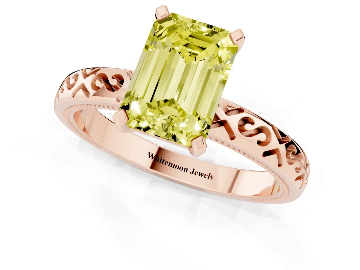 Fancy Yellow Emerald Cut Solitaire Engagement Ring with Scrollwork Band and Four-Prong Setting Rose gold