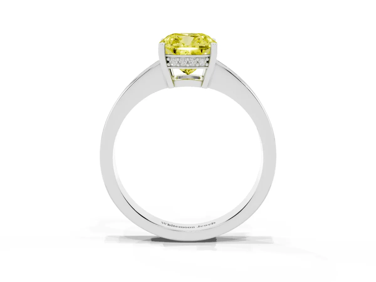 Fancy Yellow Cushion Cut Solitaire Pavé Band Prong Setting Ring Silver