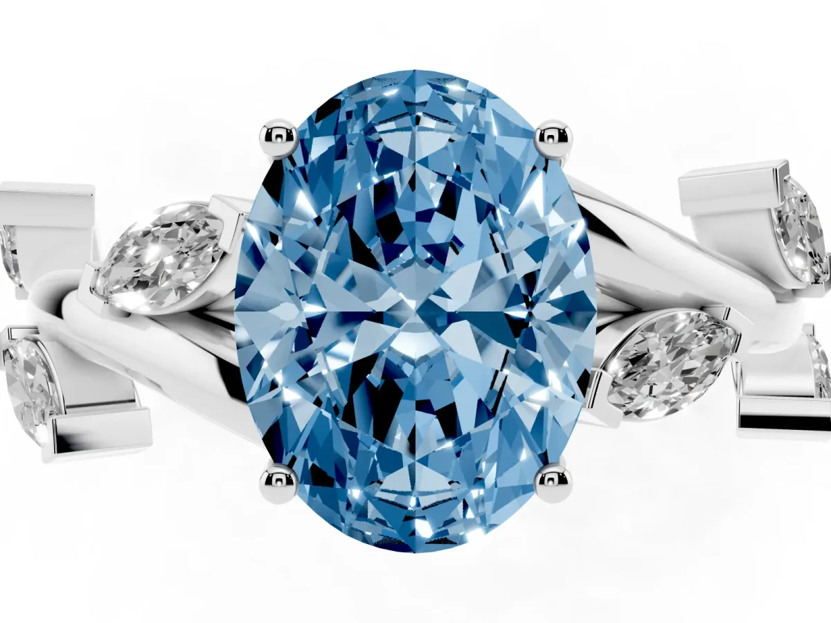 Fancy Blue Oval Cut Solitaire Twisted Band Marquise Accent Prong Setting Ring Platinum