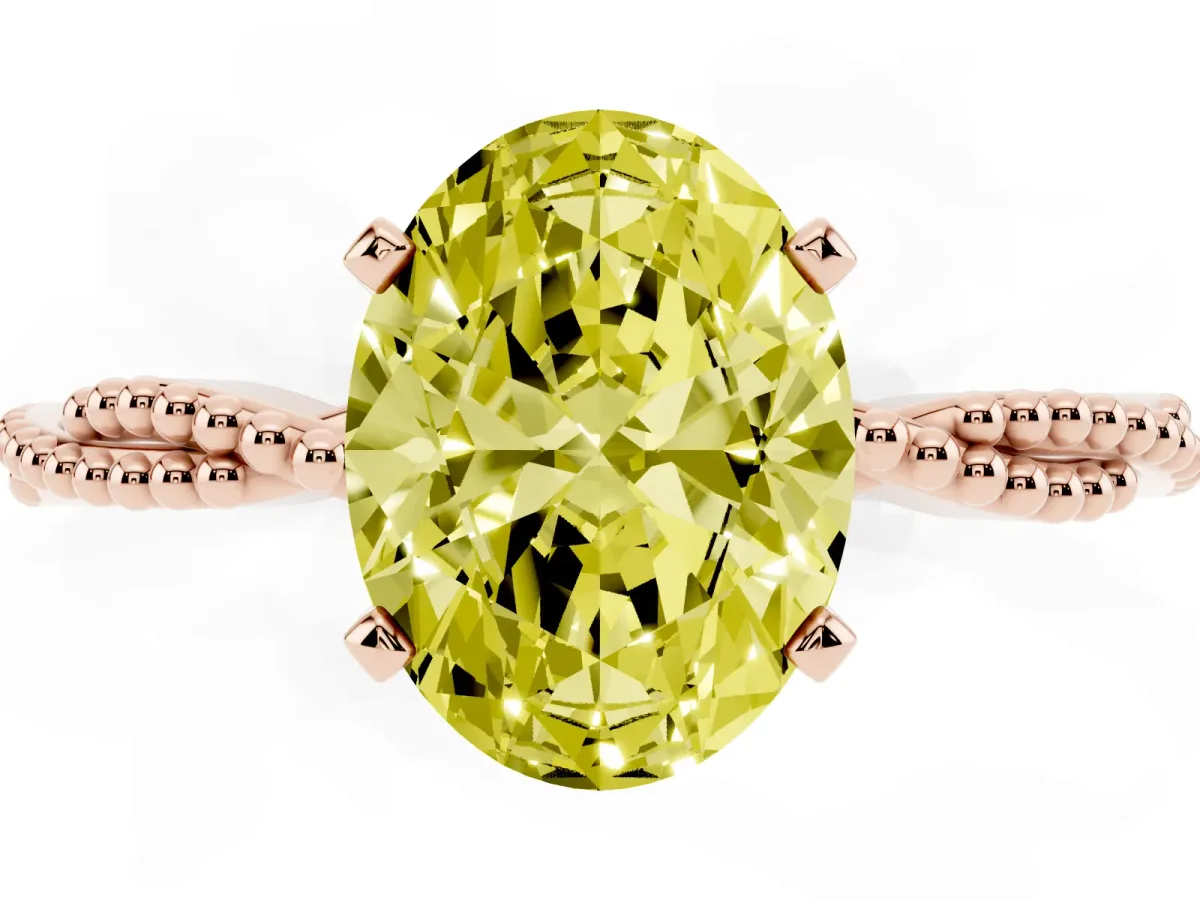 Fancy Yellow Oval Cut Solitaire Twisted Band with Bead Prong Setting Rose gold