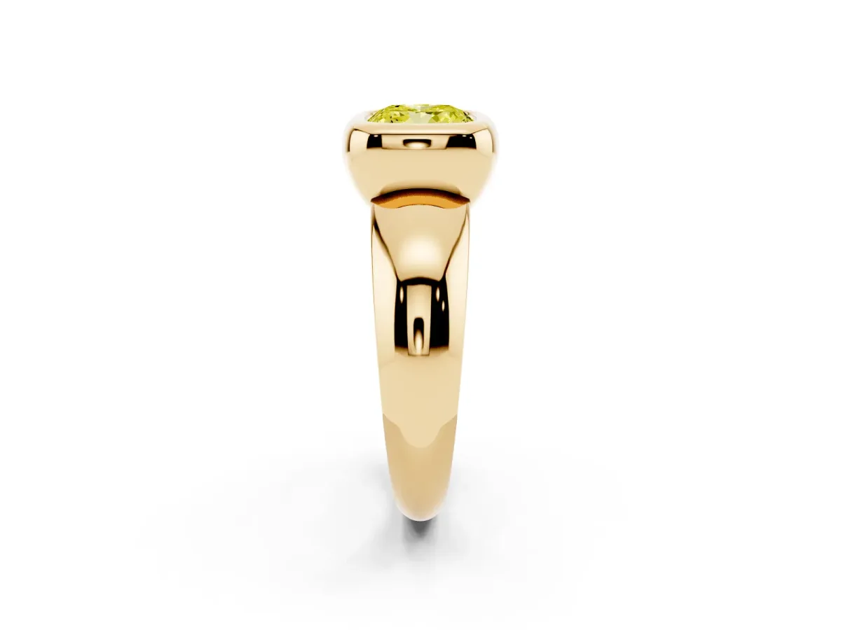 Fancy Yellow Bezel Set Cushion Cut Solitaire Ring with Wide Band Yellow gold