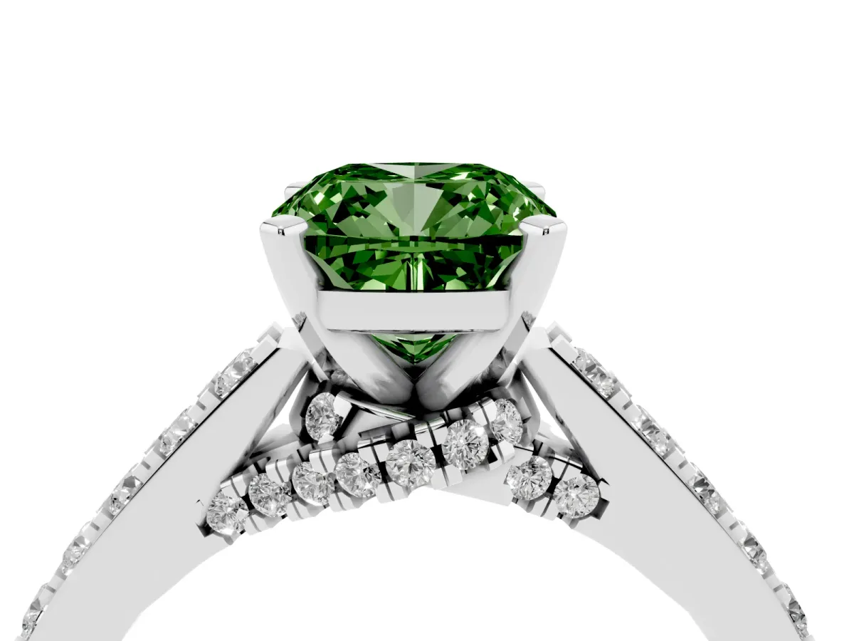 Fancy Green Cushion Cut Diamond Solitaire Ring with Crossover Gallery and Round Pavé Band Platinum