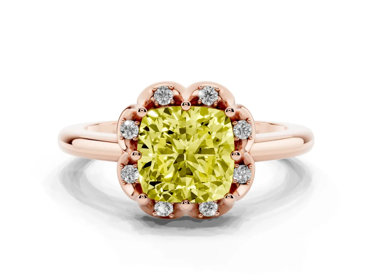 Fancy Yellow Cushion Cut Halo Diamond Ring with Round Cluster Setting, Solitaire Band, and Four-Prong Setting Rose gold