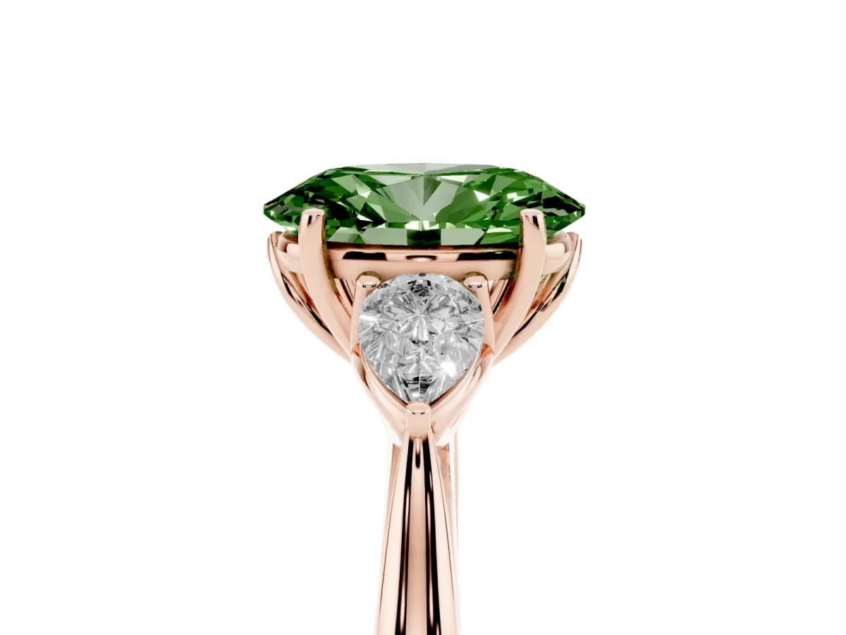 Fancy Green Three-Stone Oval Cut Brilliant Diamond Solitaire Ring with Tapered Band and Four-Prong Setting Rose gold