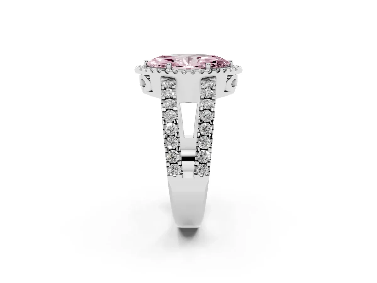 Fancy Pink Marquise Cut Cut Halo Split Shank Diamond Ring with Four-Prong Setting Silver