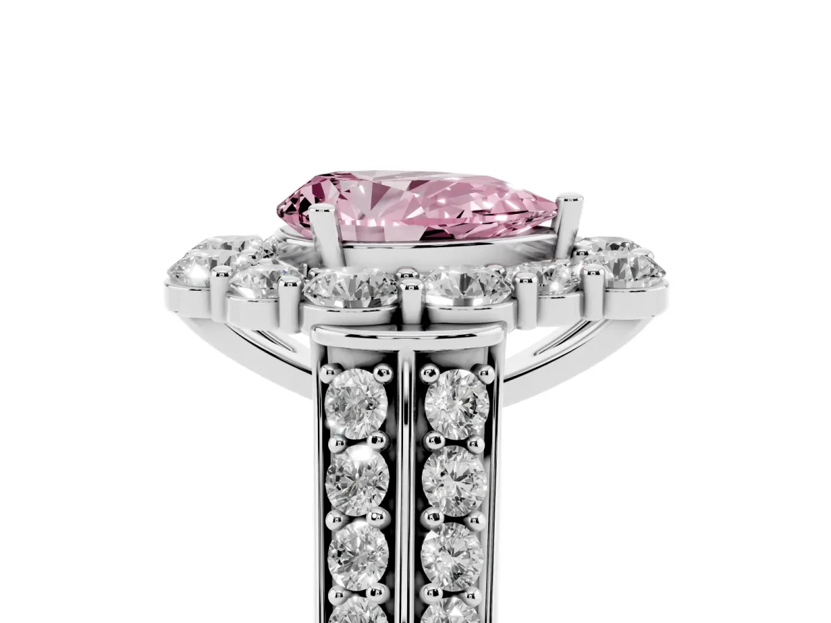 Fancy Pink Pear Cut Halo Diamond Engagement Ring with Split Shank and Prong Setting Platinum