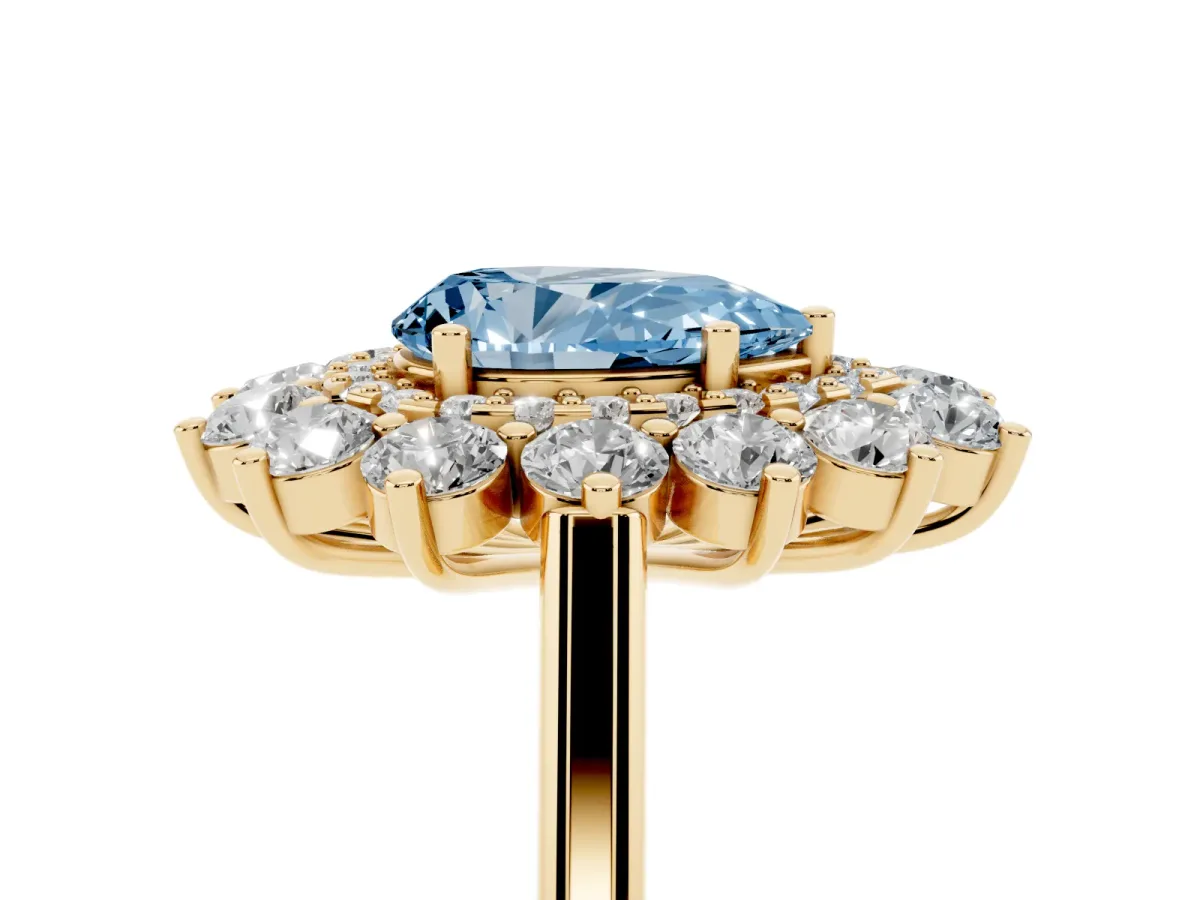 Fancy Blue Pear Cut Diamond Floral Double Halo Engagement Ring with Prong Setting Yellow gold
