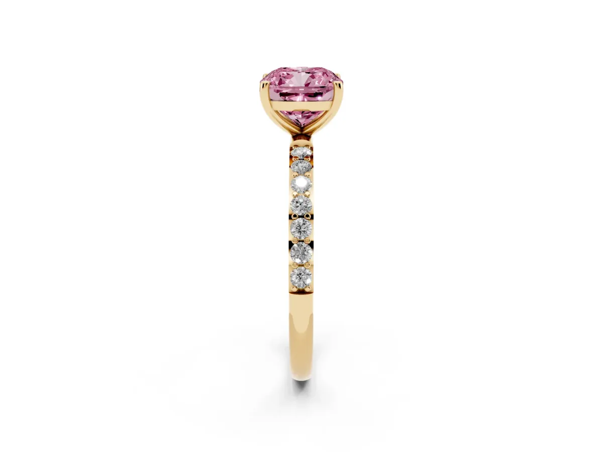 Fancy Pink Cushion Cut Diamond Solitaire Ring with Round Pavé Shoulders and Prong Setting Yellow gold