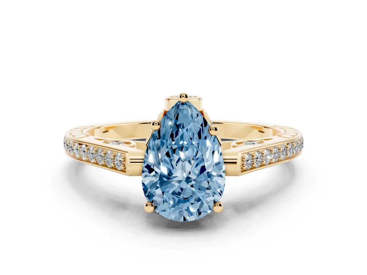 Fancy Blue Pear Cut Cut Cathedral Pave Diamond Engagement Ring with Six-Prong Setting Yellow gold