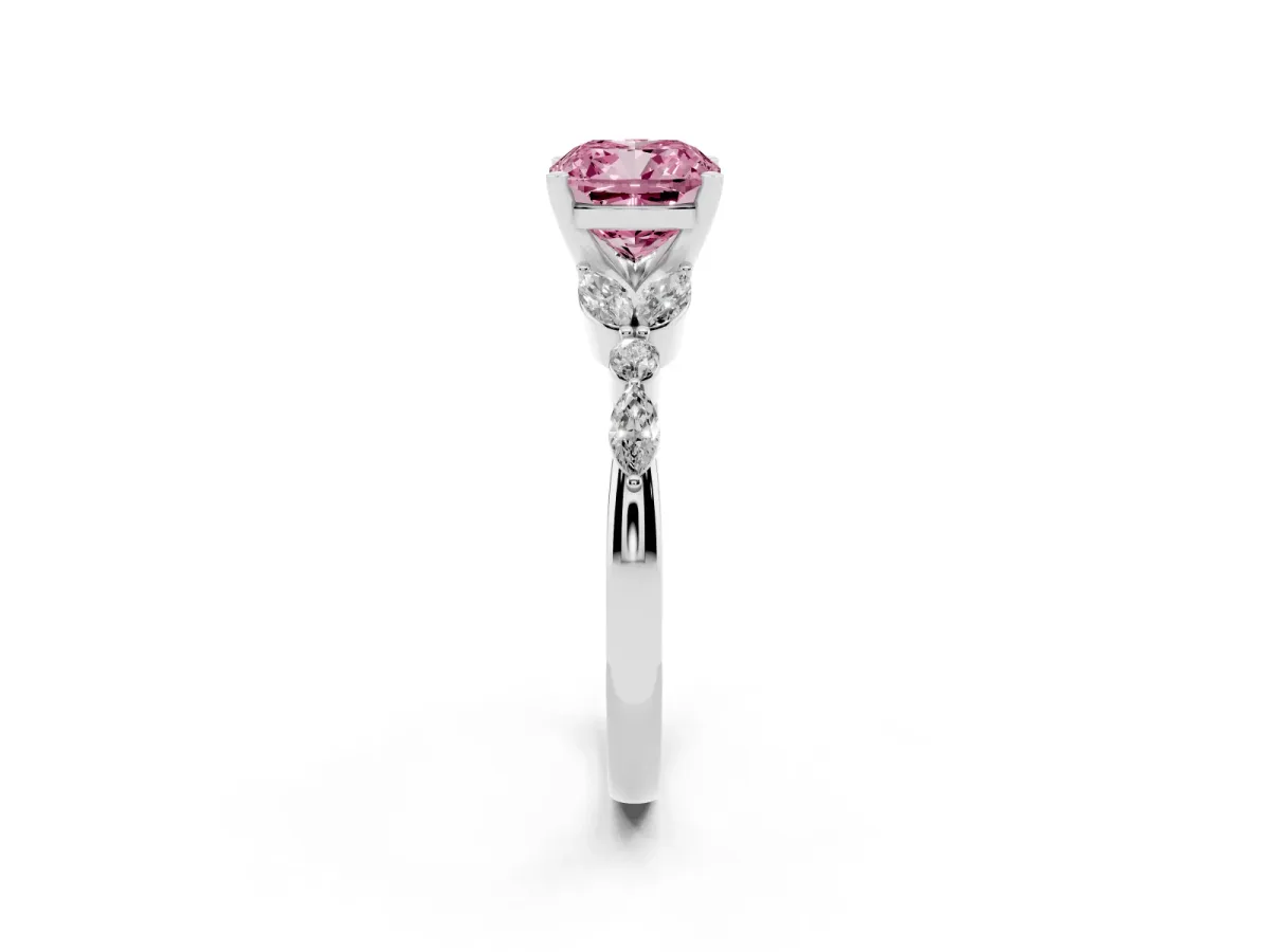 Fancy Pink Cushion Cut Diamond Solitaire Ring with Side Stones and Four-Prong Setting Silver