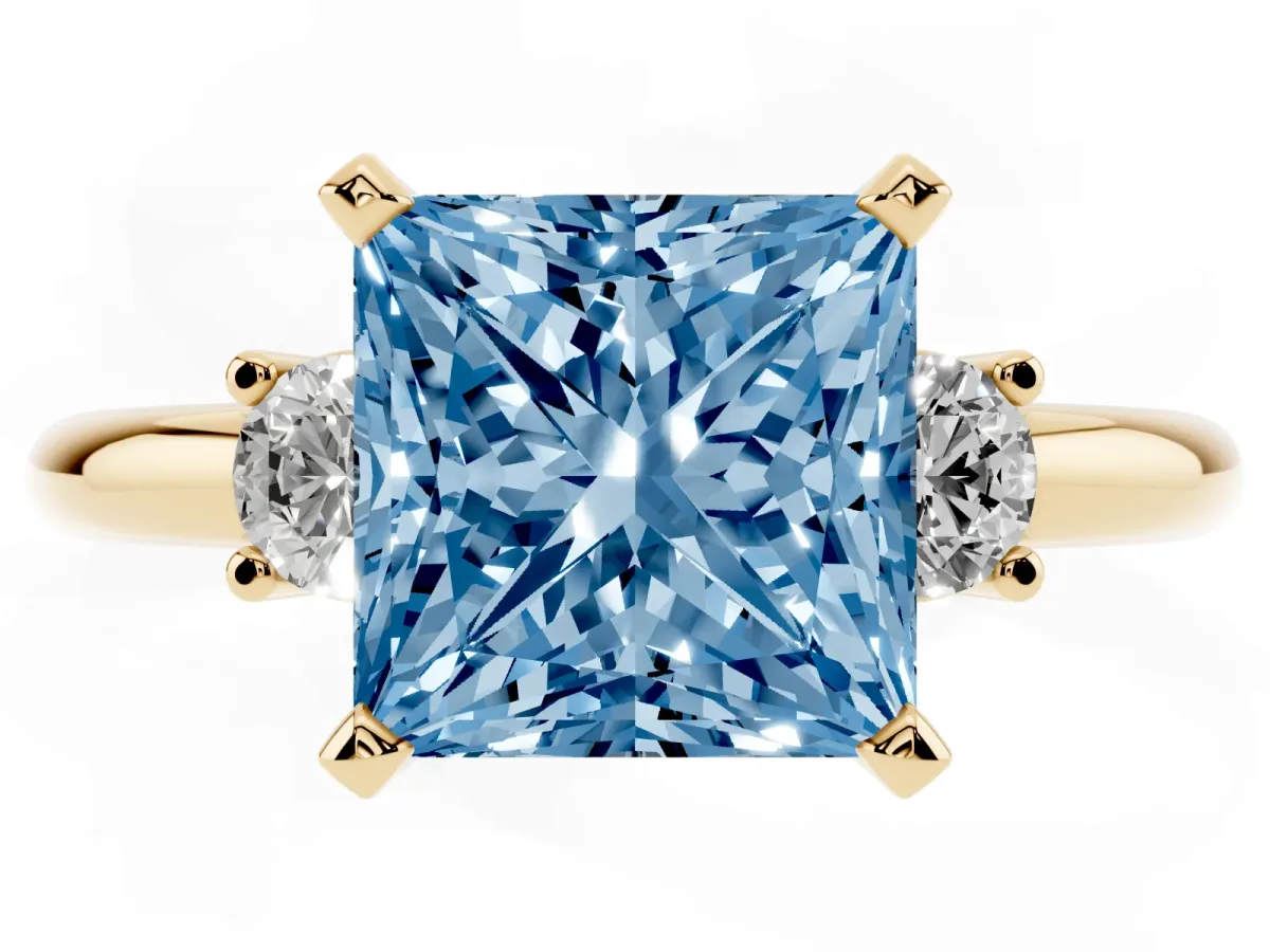 Fancy Blue Three-Stone Princess Cut Cut Diamond Solitaire with Prong Setting and Classic Band Yellow gold