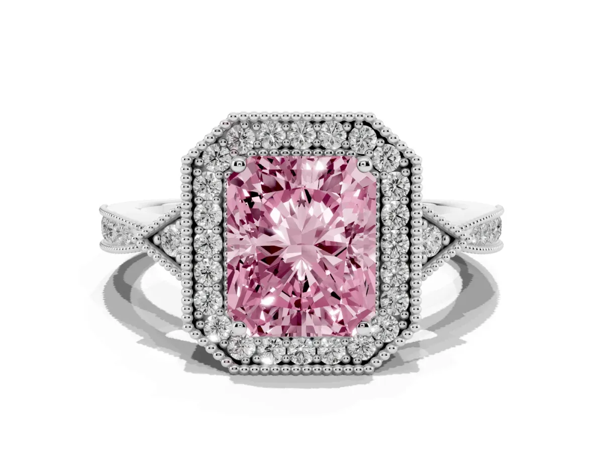 Fancy Pink Radiant Cut Halo Round Diamond Milgrain Pave Engagement Ring Silver