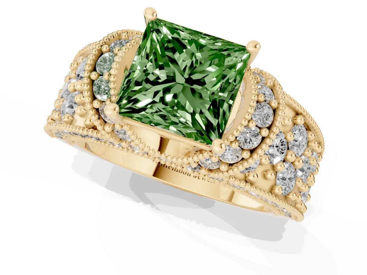 Fancy Green Princess Cut Halo Pave Diamond Engagement Ring with Milgrain Detailing Yellow gold