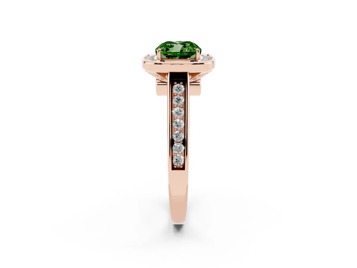 Fancy Green Cushion Cut Halo Solitaire Diamond Ring with Pave Band and Bezel Setting Rose gold