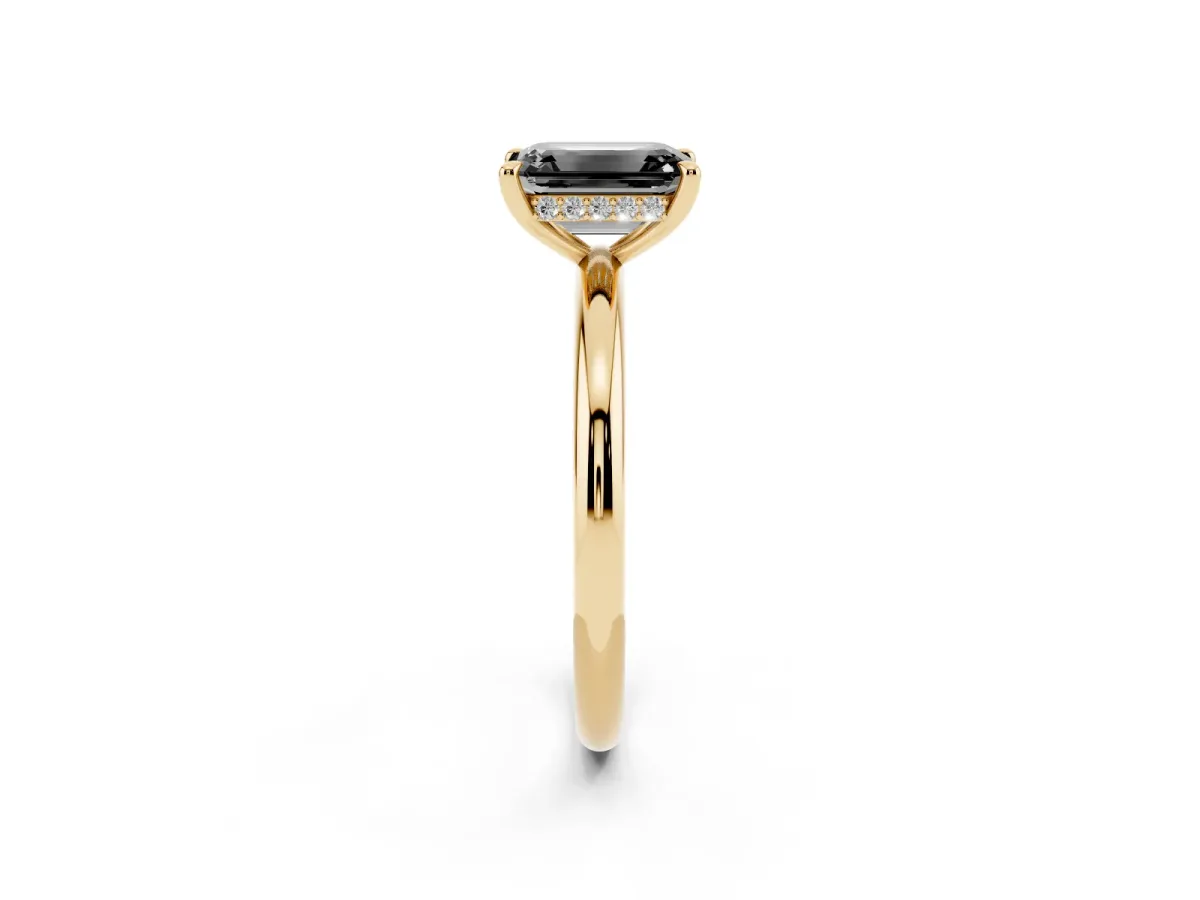 Fancy Black Emerald Cut Diamond Solitaire Ring with Thin Band and Four-Prong Setting Yellow gold