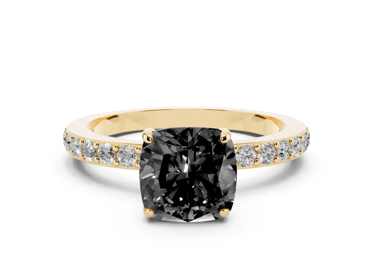 Fancy Black Cushion Cut Diamond Solitaire Engagement Ring with Pavé Band and Four-Prong Setting Yellow gold