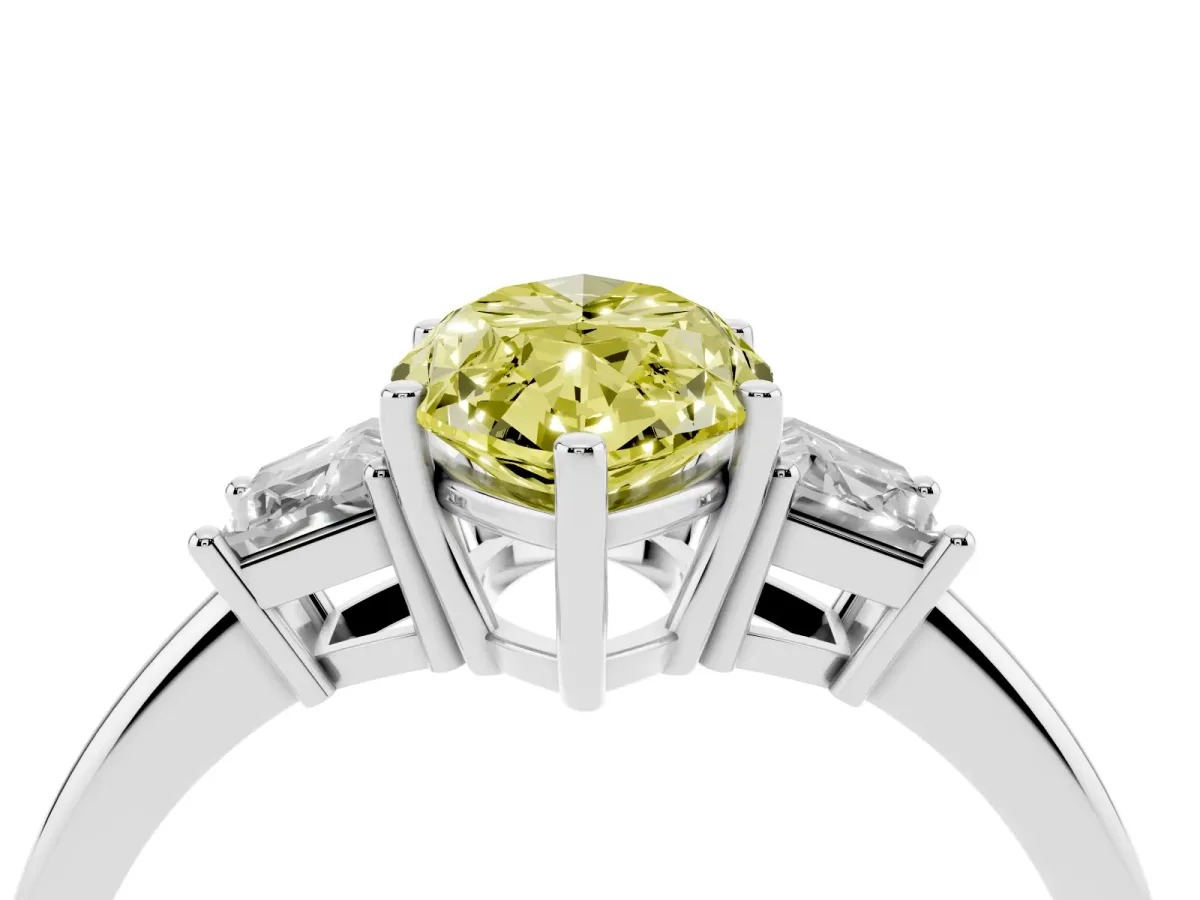Fancy Yellow Marquise Cut Diamond Three-Stone Ring with Trapezoid Side Stones and Prong Setting Silver