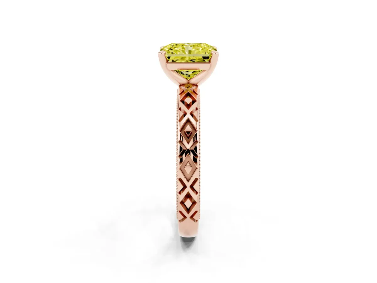 Fancy Yellow Radiant Cut Solitaire Diamond Ring with Milgrain and Black Enamel X Pattern Band Rose gold