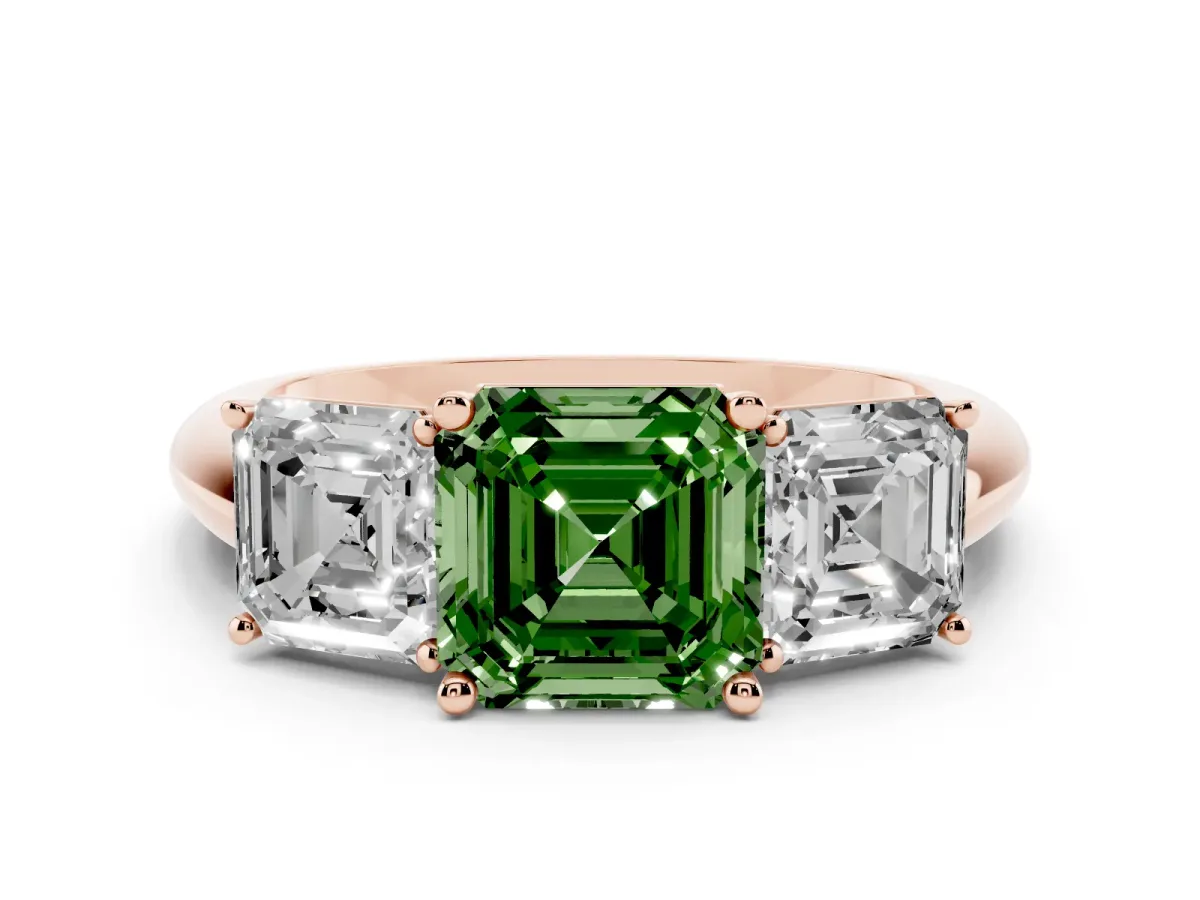 Fancy Green Three-Stone Asscher Cut Cut Diamond Engagement Ring with Prong Setting on a White Gold Band Rose gold