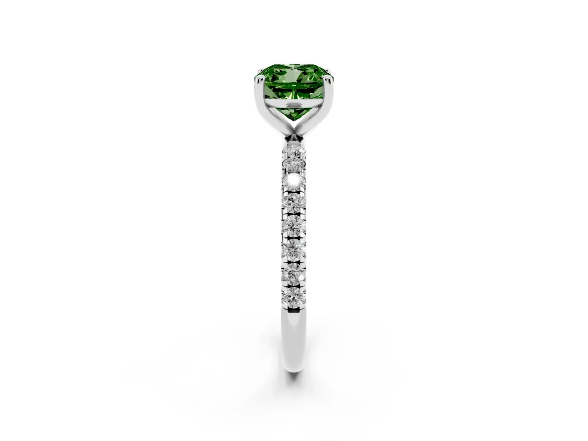 Fancy Green Cushion Cut Cut Diamond Solitaire Ring with Micro Pave Band and Four Prong Setting Silver