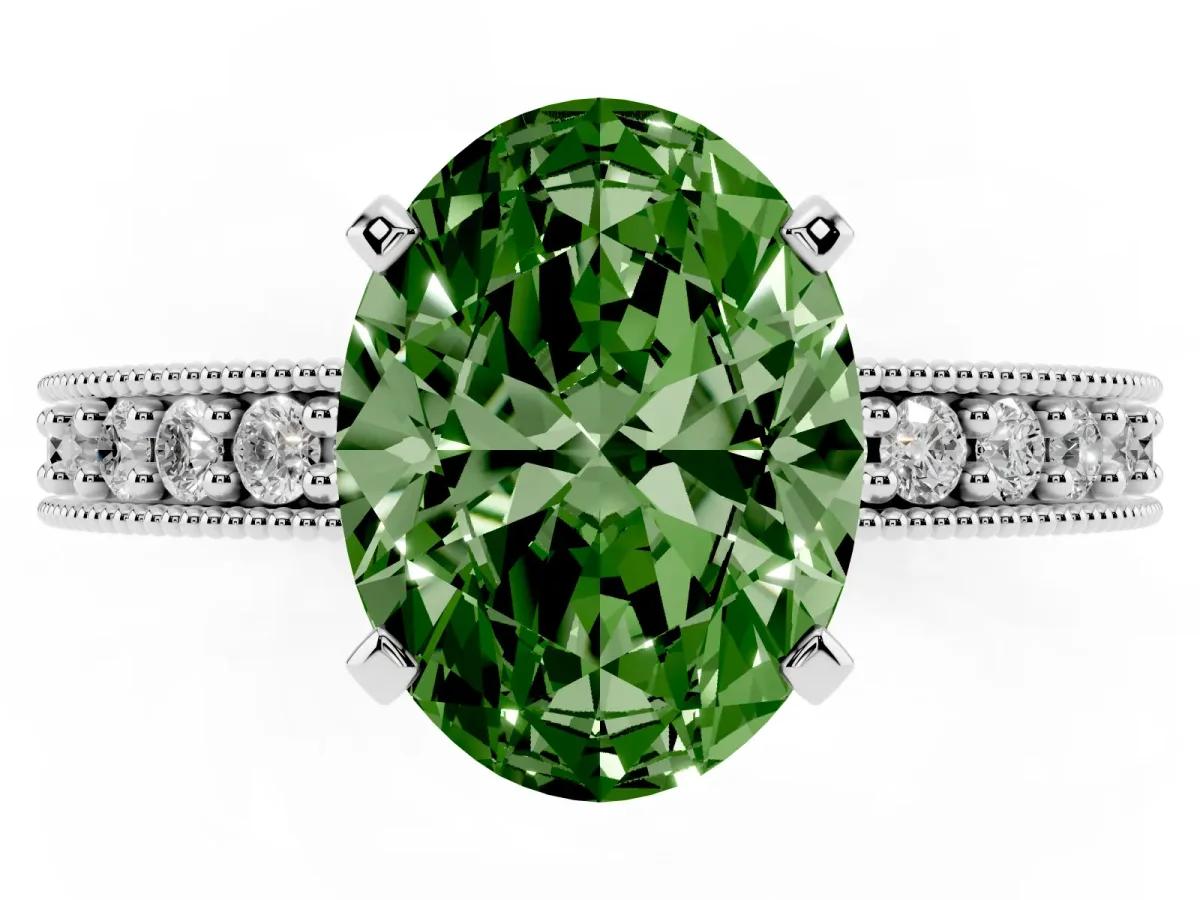 Fancy Green Oval Cut Diamond Milgrain Pavé Engagement Ring with Four-Prong Setting Silver