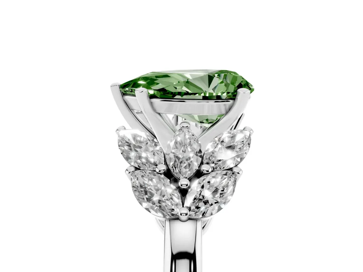 Fancy Green Pear Cut Diamond Cluster Leaf Design Ring with Prong Setting Platinum
