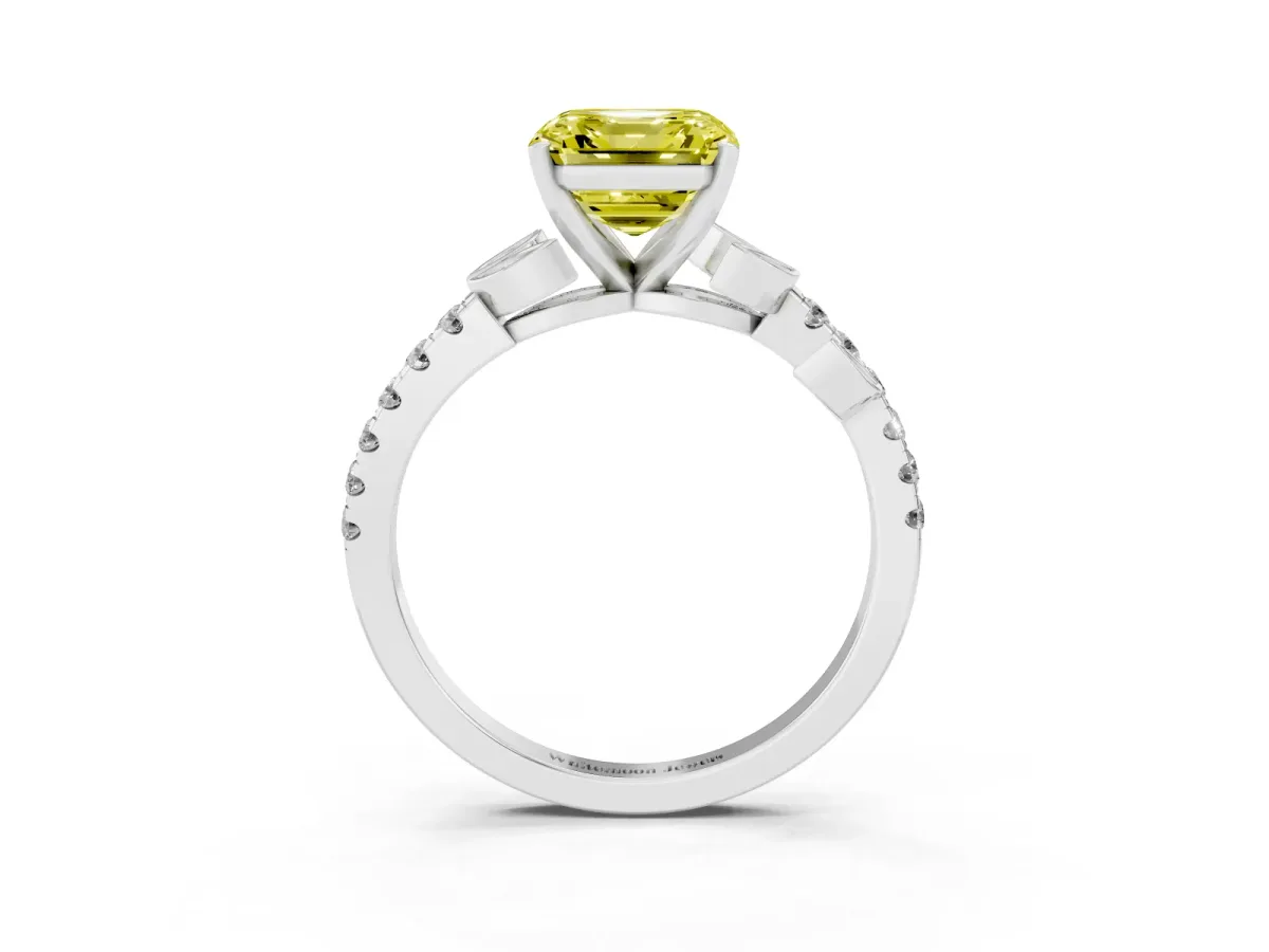Fancy Yellow Asscher Cut Solitaire Leaf-Inspired Diamond Ring with Pavé Band and Four-Prong Setting White gold