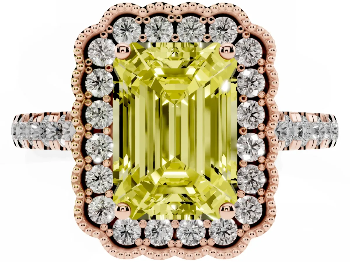 Fancy Yellow Emerald Cut Cut Diamond Milgrain Floral Halo Engagement Ring with Pavé Band Rose gold