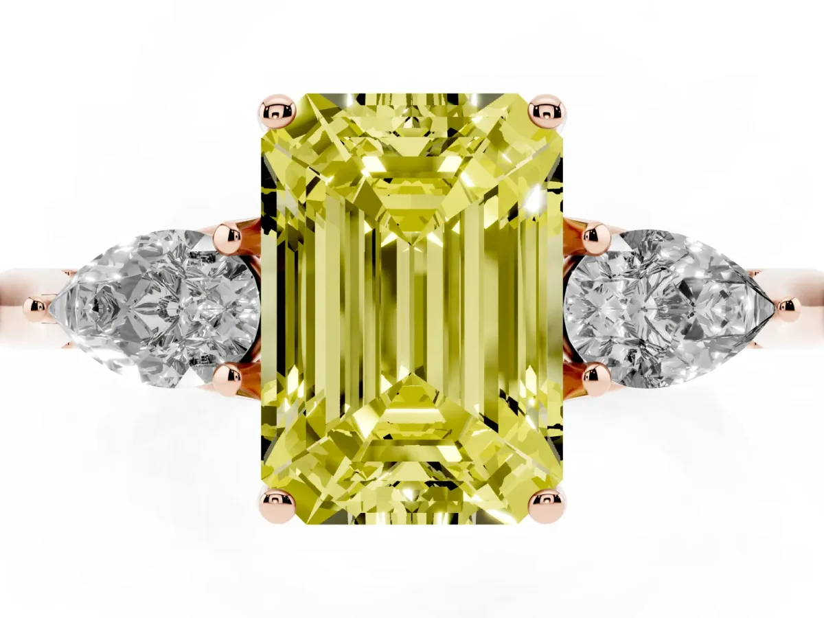 Fancy Yellow Three-Stone Emerald Cut Brilliant Diamond Solitaire Ring with Tapered Band and Four-Prong Setting Rose gold