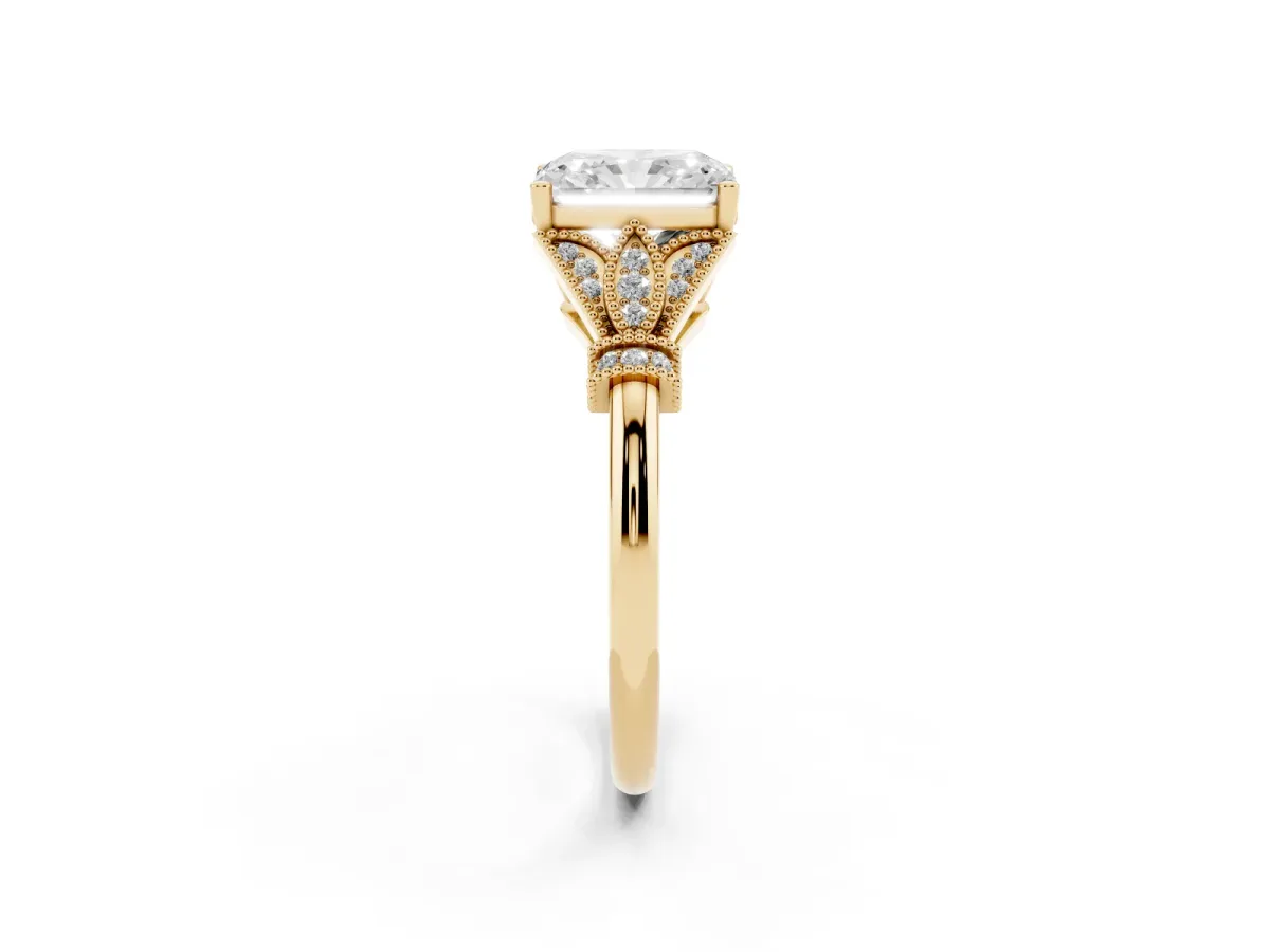 Radiant Cut Diamond Solitaire Ring with Floral Filigree and Pave Accents Yellow gold