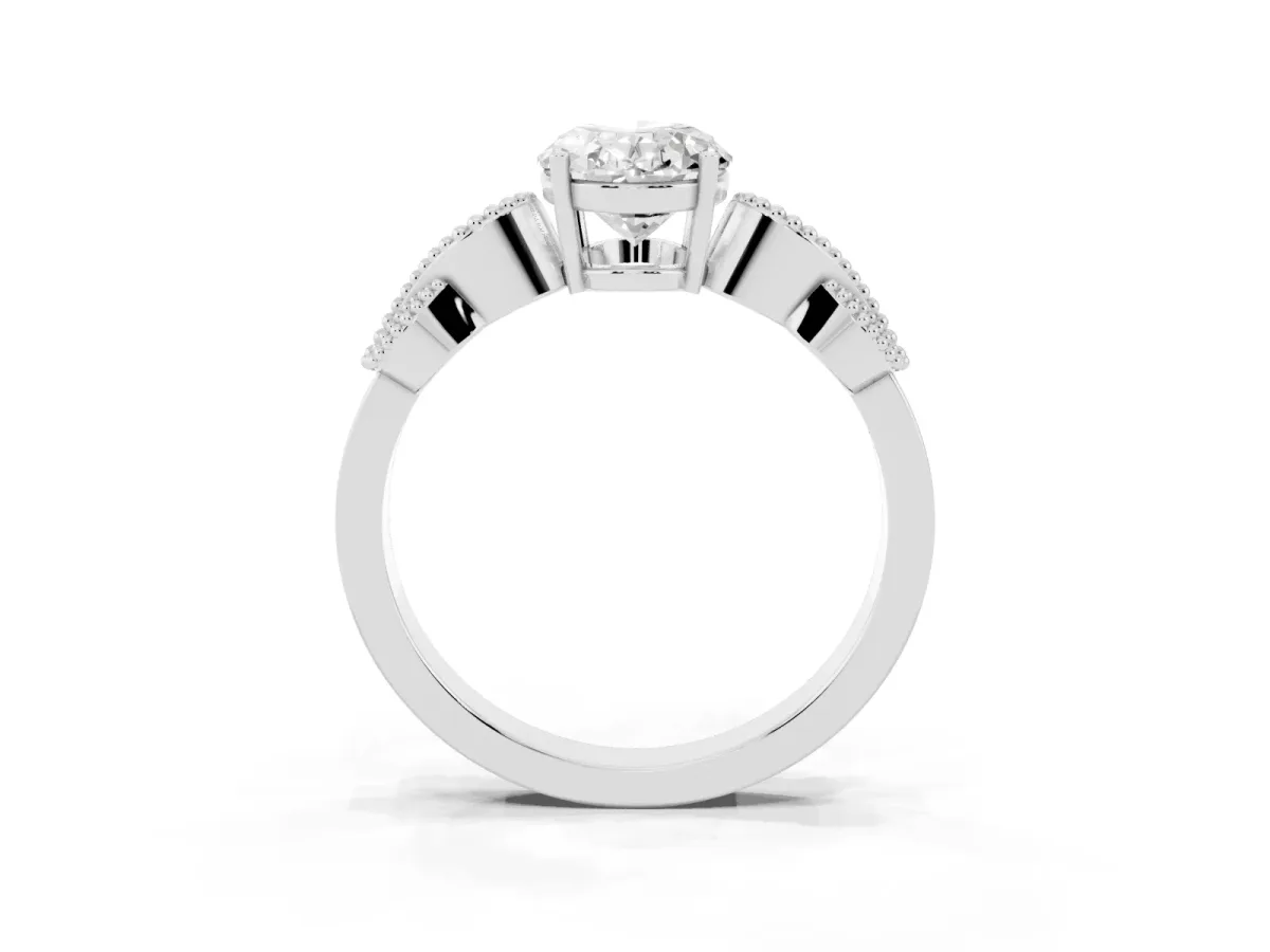 Oval Cut Solitaire Milgrain Leaf Band with Prong Setting Silver