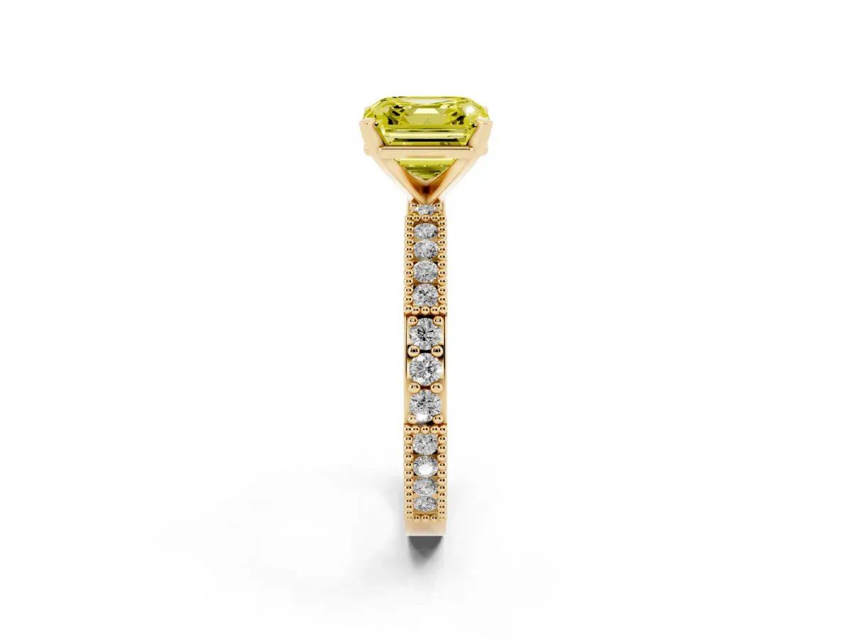Fancy Yellow Asscher Cut Solitaire with Pavé Band and Four-Prong Setting Yellow gold