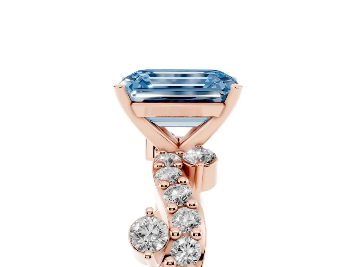 Fancy Blue Emerald Cut Cut Solitaire Diamond Twisted Band with Pave Setting Rose gold