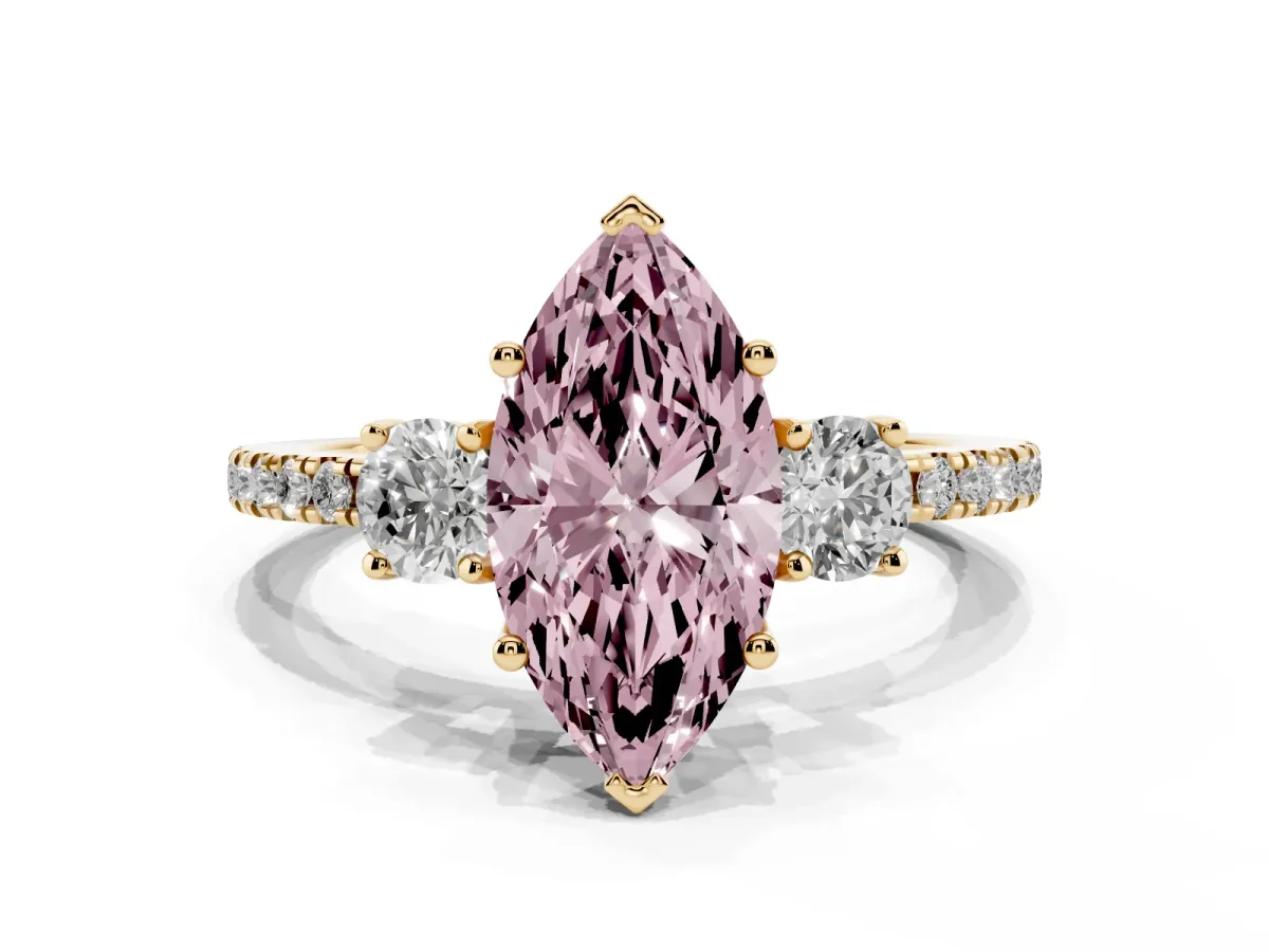 Fancy Pink Three-Stone Marquise Cut Cut Diamond Pavé Band with Prong Setting Yellow gold