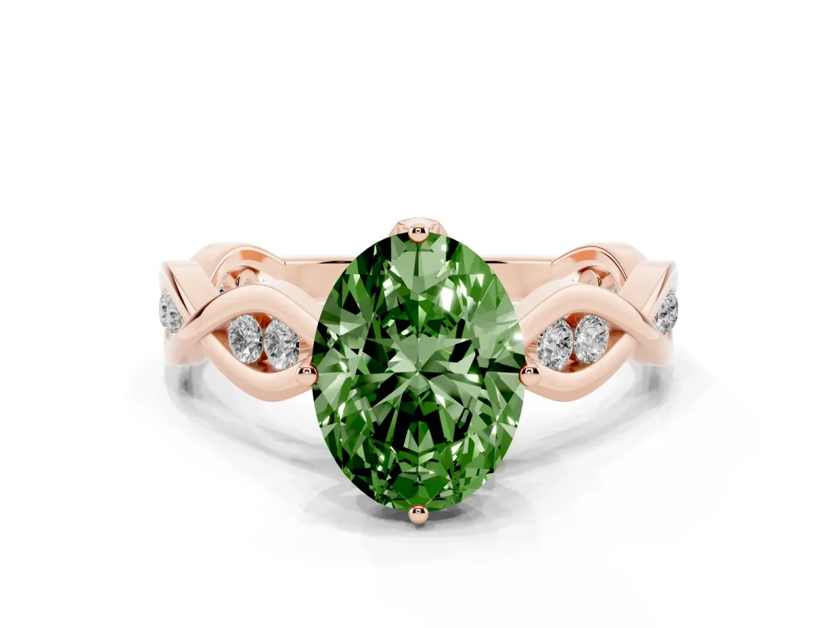 Fancy Green Oval Cut Solitaire Twist Band with Leaf Prong Setting Rose gold