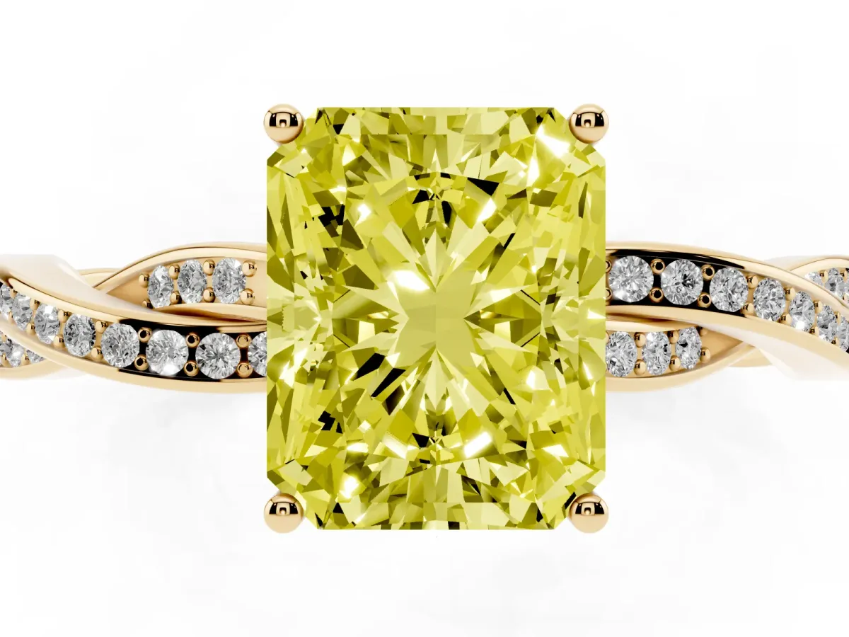 Fancy Yellow Radiant Cut Solitaire Twisted Pave Diamond Ring with Four-Prong Setting Yellow gold