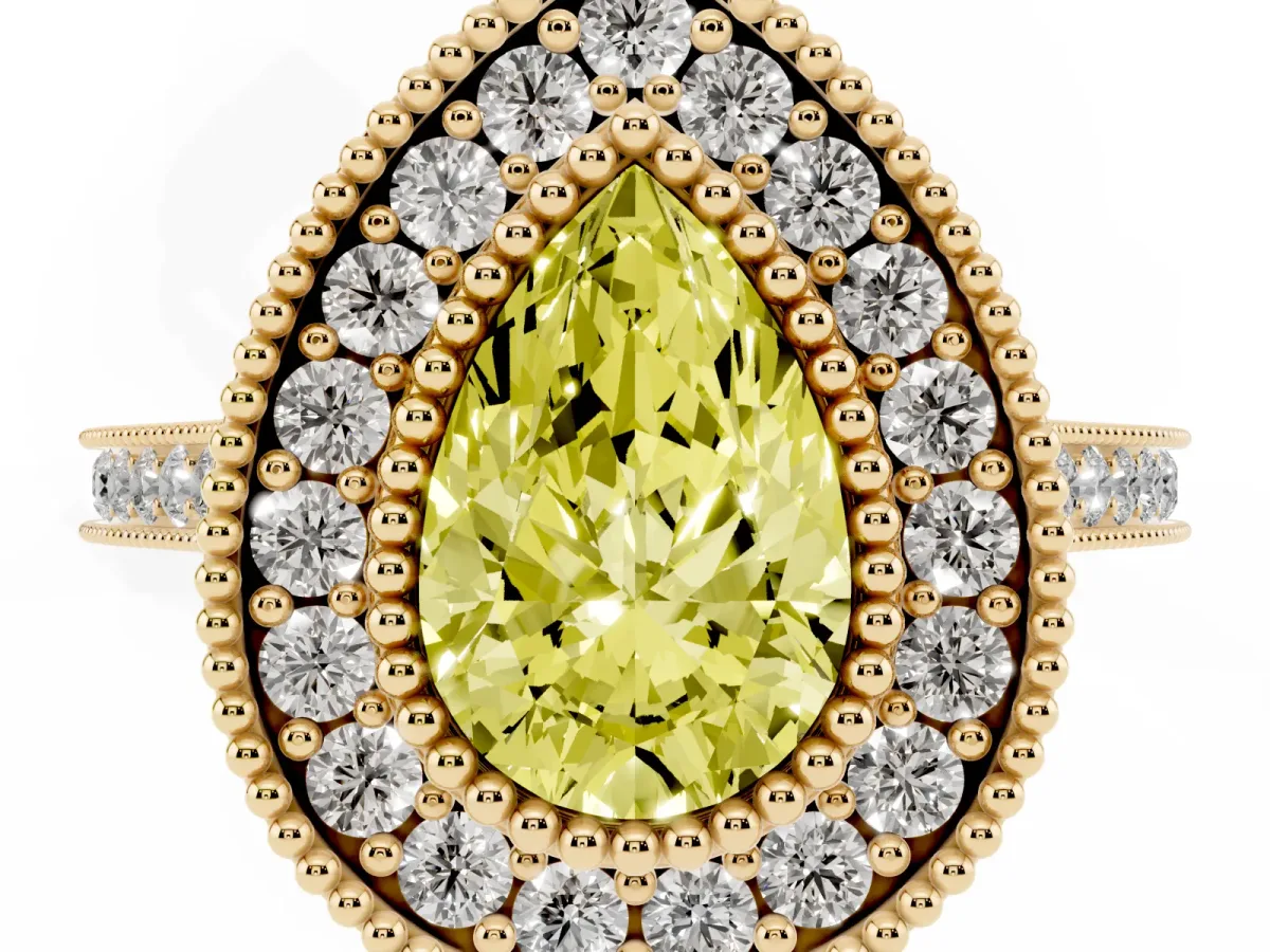 Fancy Yellow Pear Cut Diamond Halo Ring with Milgrain Frame and Pavé Band Yellow gold