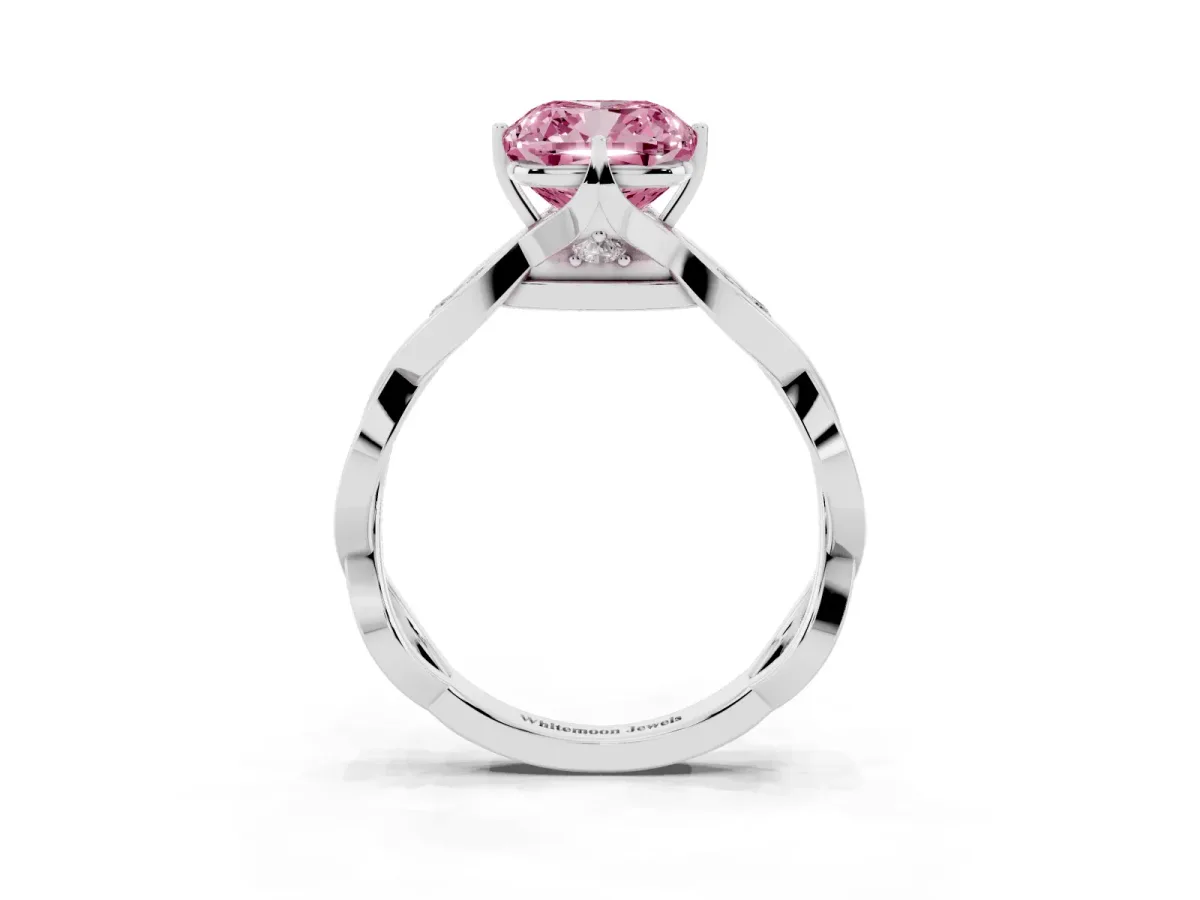 Fancy Pink Cushion Cut Solitaire Twist Band with Leaf Prong Setting Platinum