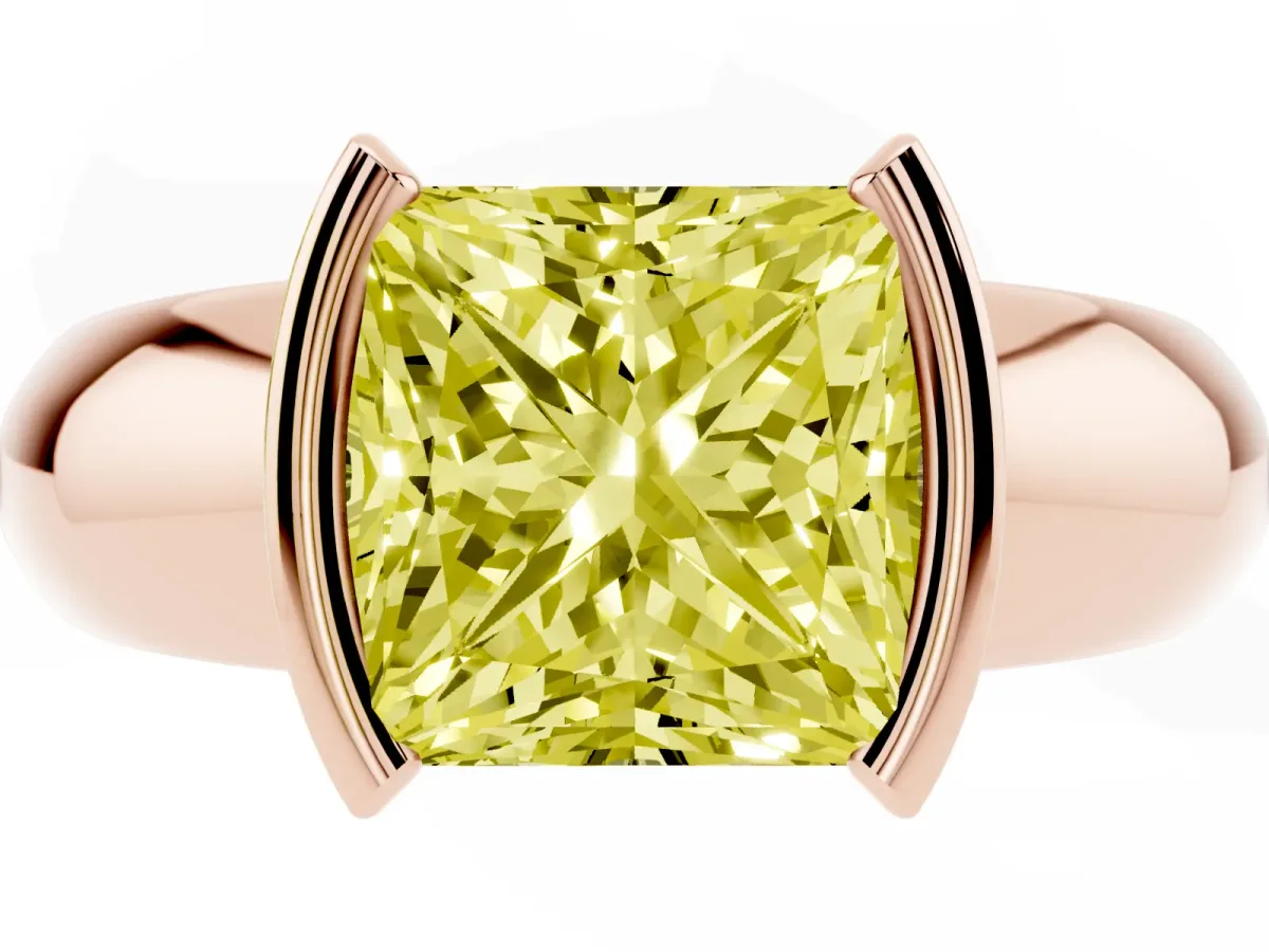 Fancy Yellow Princess Cut Solitaire Tension Set Diamond Ring with Wide Band Rose gold