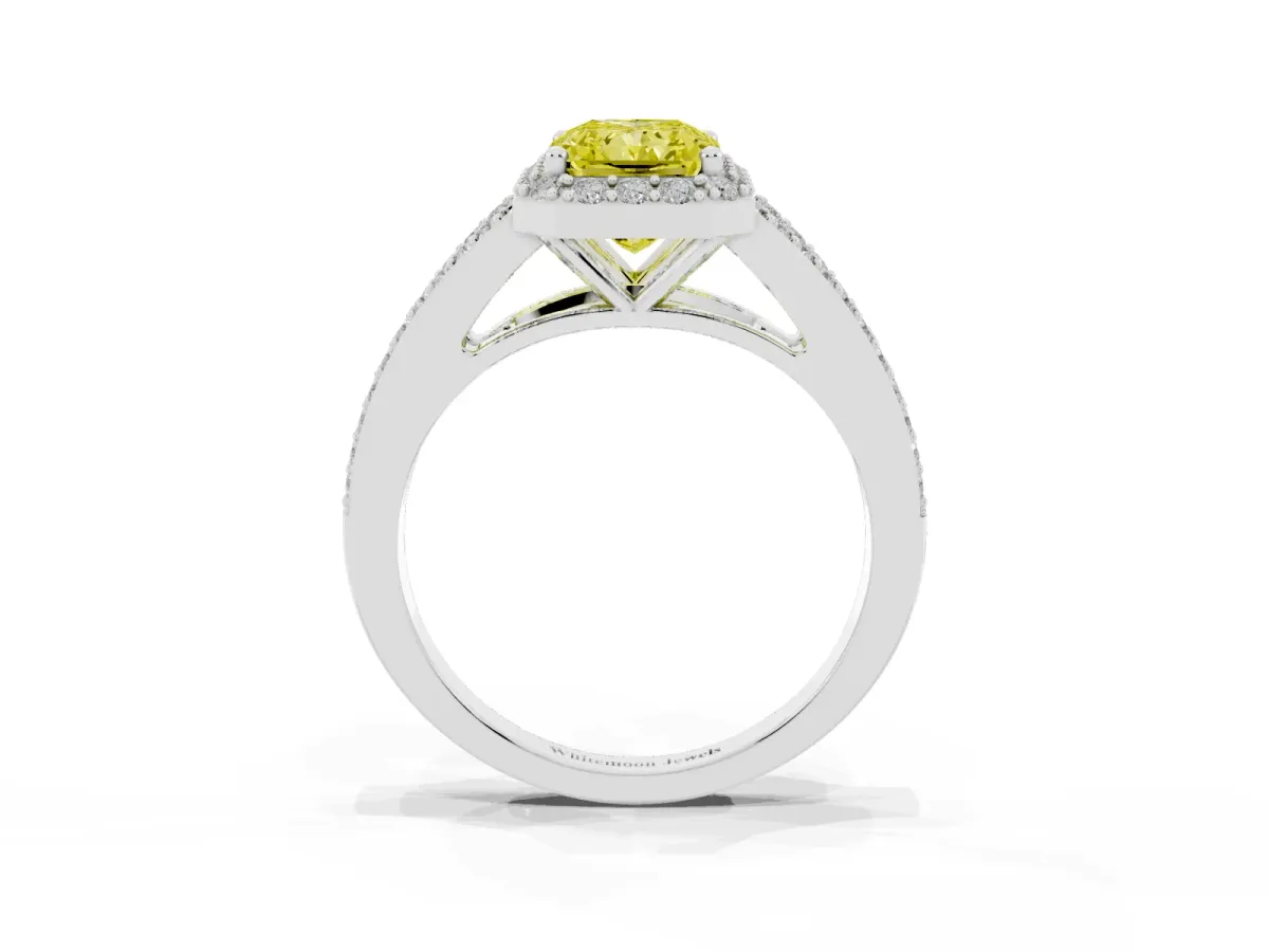 Fancy Yellow Radiant Cut Halo Split Shank Diamond Ring with Prong Setting Silver